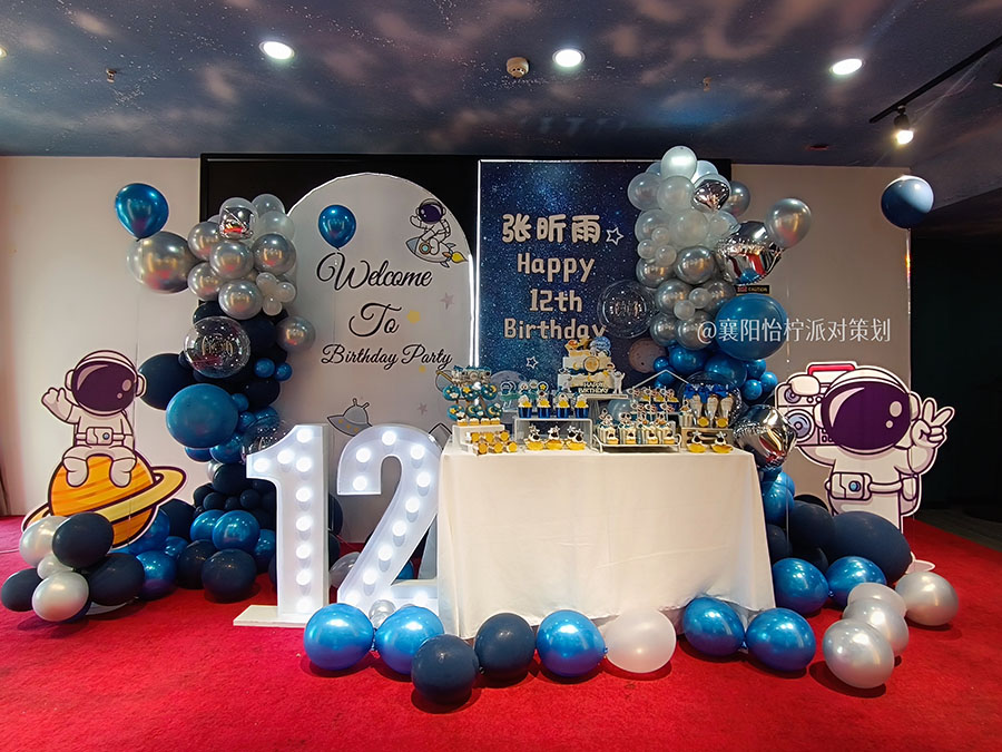 蓝色星空宇航员太空宝宝宴十二岁生日宴迎宾舞台派对背景-图一